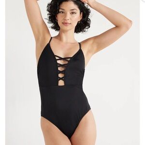 No Boundaries Ribbed Lace Up One-Piece Swimsuit